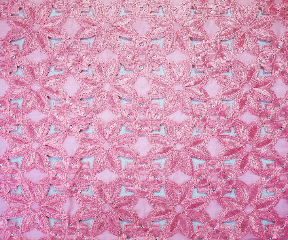 Pink Poly Floral and Circle Embroidered Scallop Rhinestone Woven Fabric - Image 3