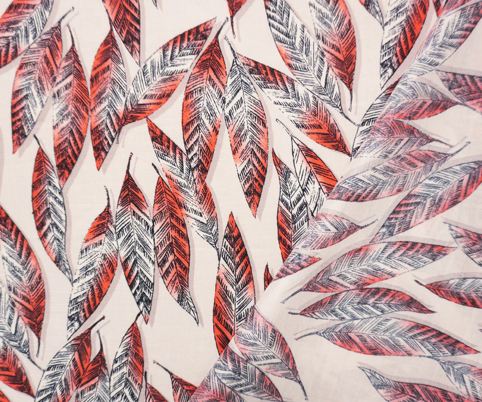 Pink-Red-Black Rayon Leaves Printed Voile Woven Fabric - Image 2