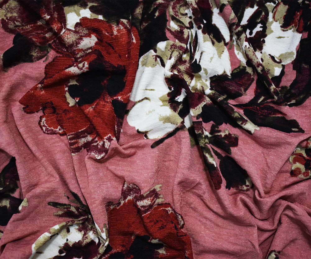 Pink-Red-Multi Poly Floral Printed Onion Skin Jersey Knit Fabric - Image 4
