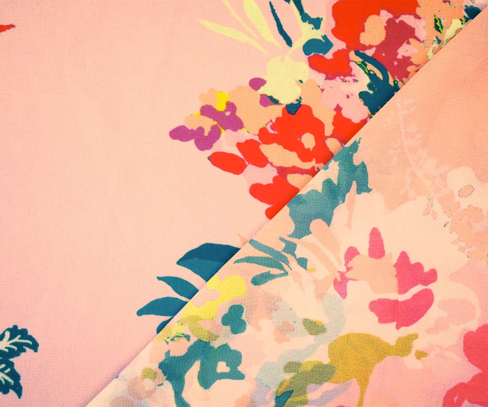 Pink-Teal-Multi Floral Printed Poly Chiffon Woven Fabric - Image 2