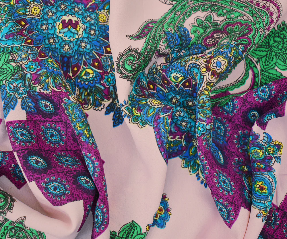 Pink-Turquoise-Multi Abstract Baroque Printed Crepe Rayon Faille Woven Fabric - Image 2