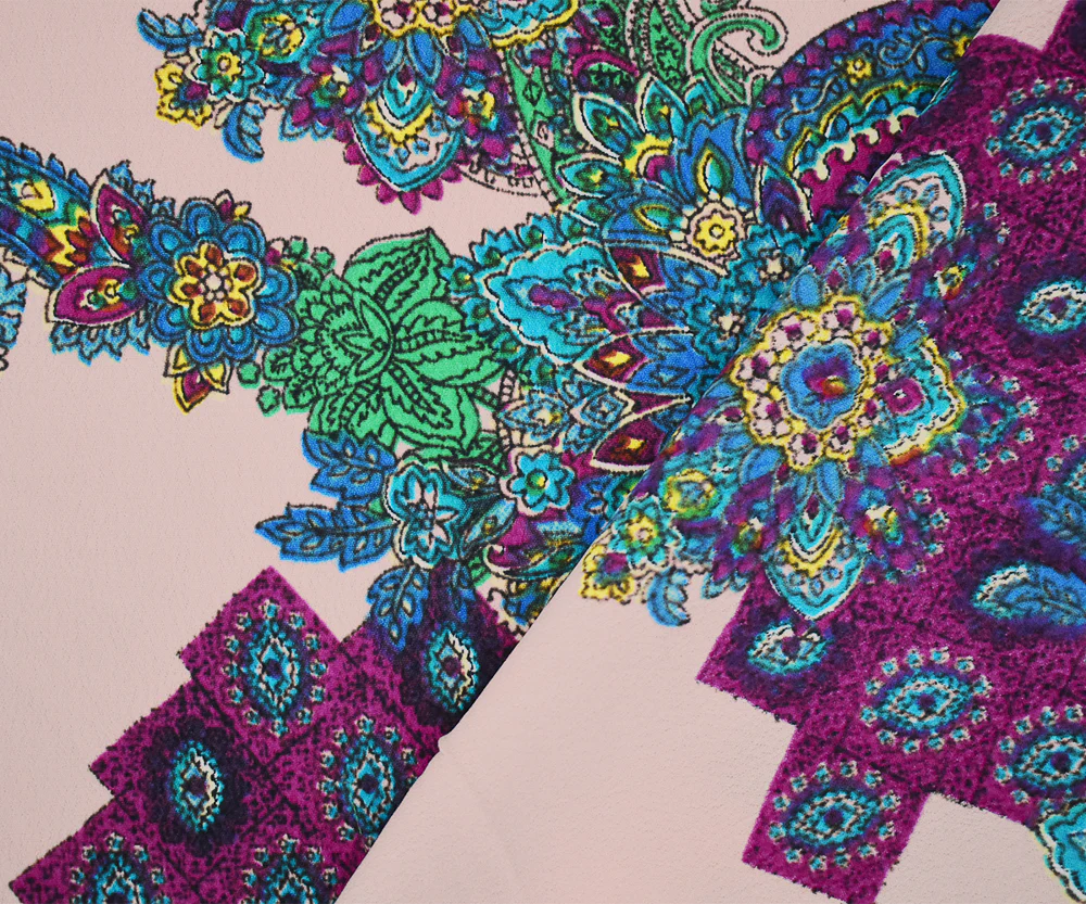 Pink-Turquoise-Multi Abstract Baroque Printed Crepe Rayon Faille Woven Fabric - Image 3