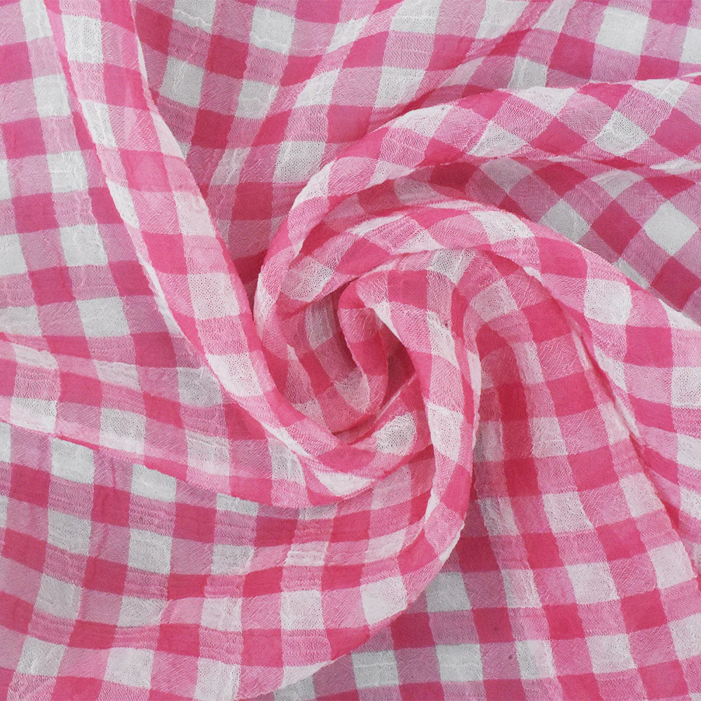 Pink-White Check Poly Crinkle Chiffon Woven Fabric - Image 2