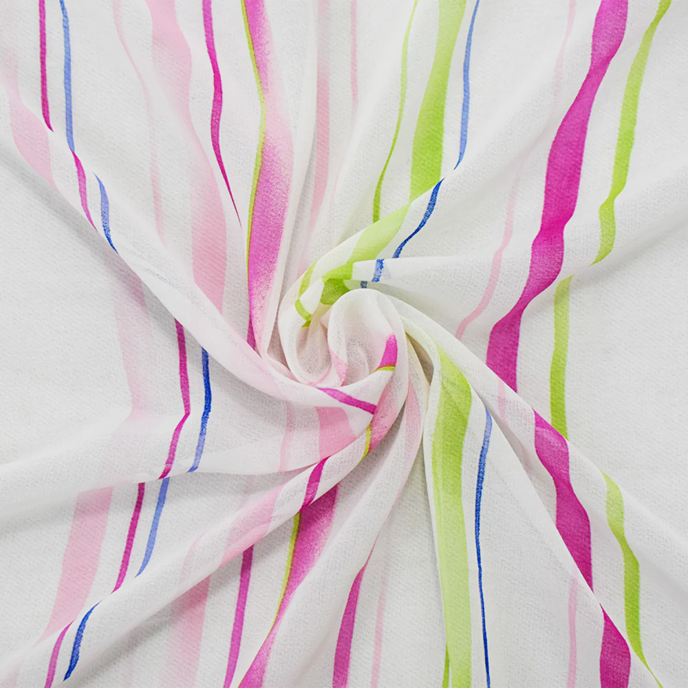 Pink-White-Multi Poly Stripe Printed Chiffon Woven Fabric