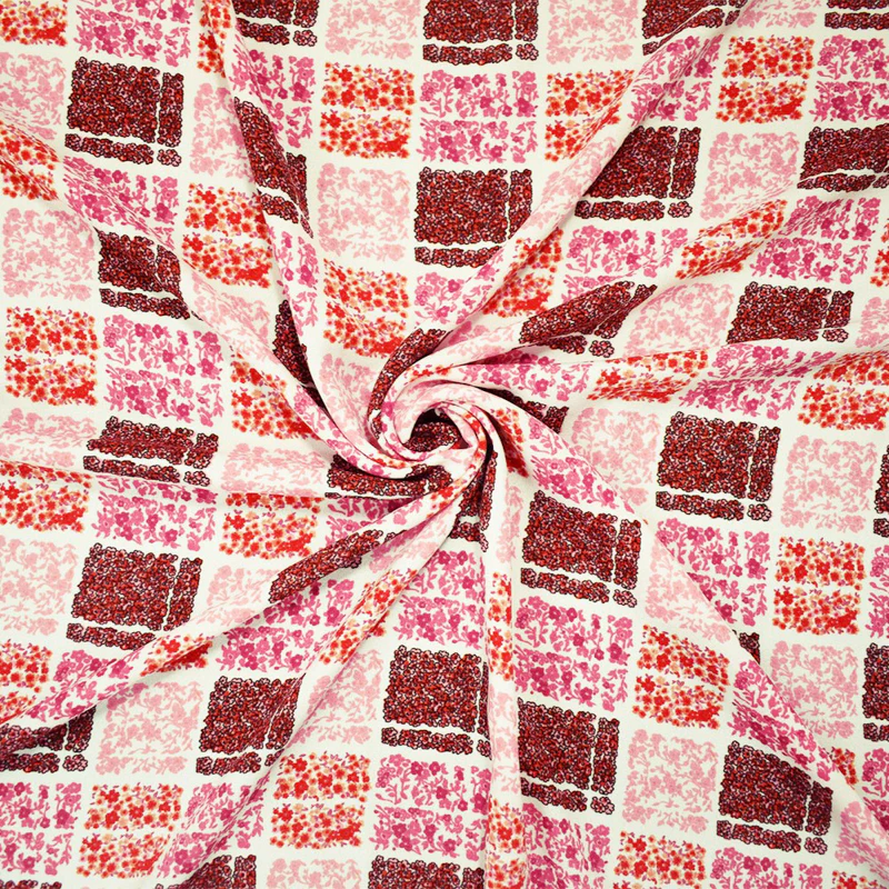 Pink-White Poly Square Floral Plaid Printed Moss Crepe Woven Fabric