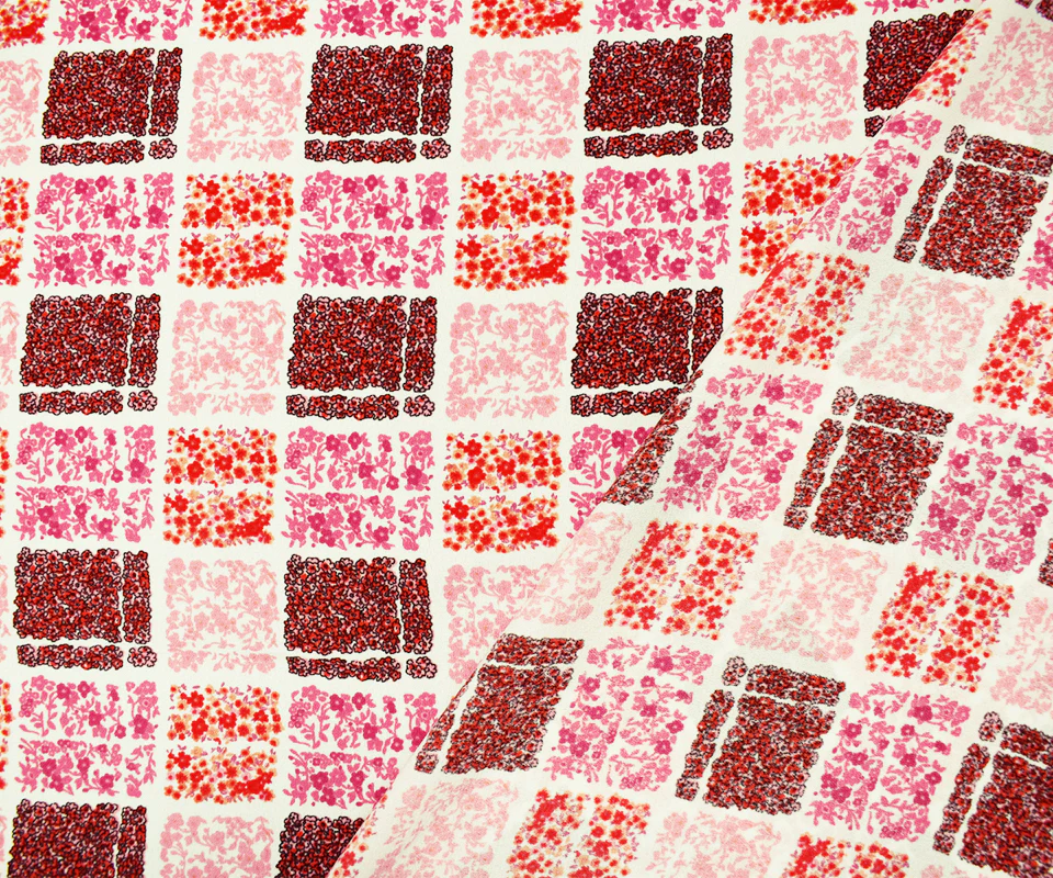 Pink-White Poly Square Floral Plaid Printed Moss Crepe Woven Fabric - Image 2