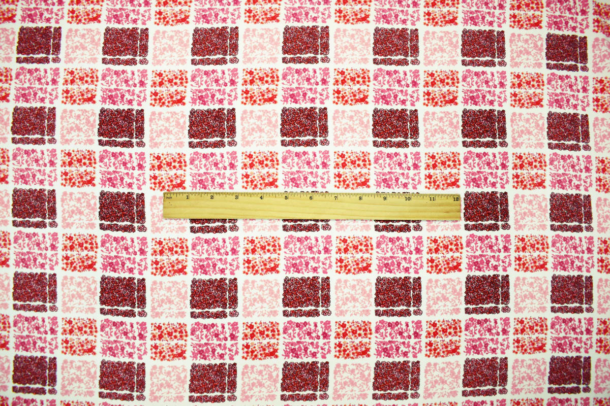 Pink-White Poly Square Floral Plaid Printed Moss Crepe Woven Fabric - Image 4
