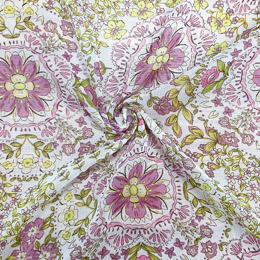 Pink-Yellow-Multi Poly Floral Printed Crinkle Yoryu Chiffon Woven Fabric