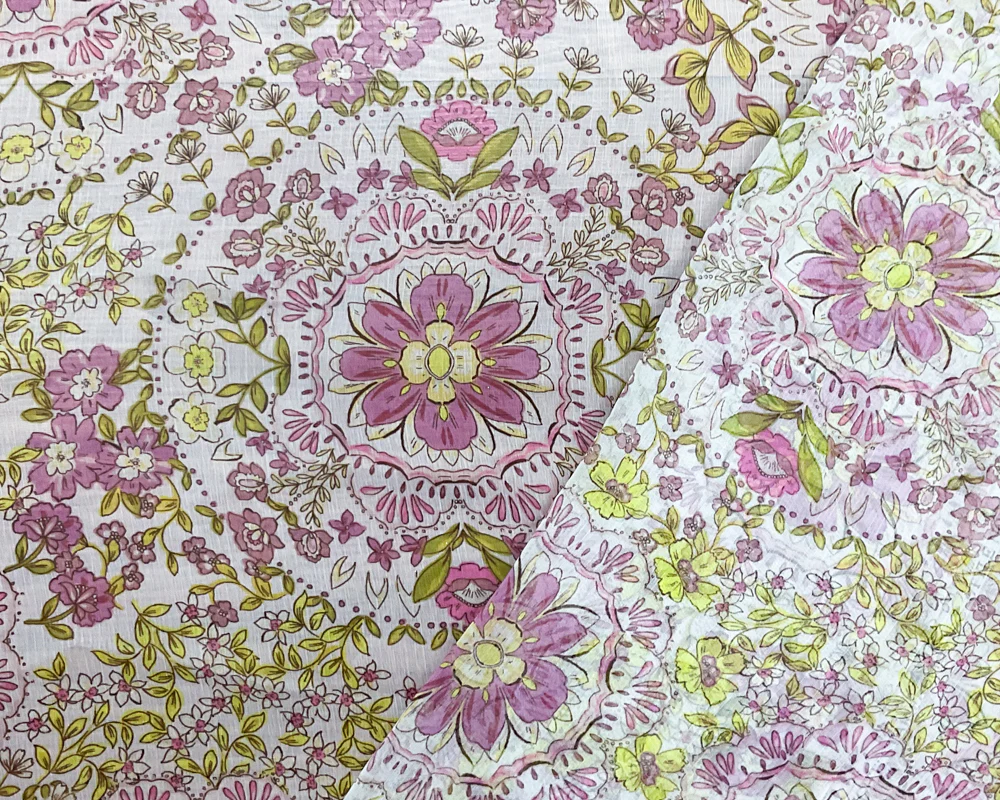 Pink-Yellow-Multi Poly Floral Printed Crinkle Yoryu Chiffon Woven Fabric - Image 2