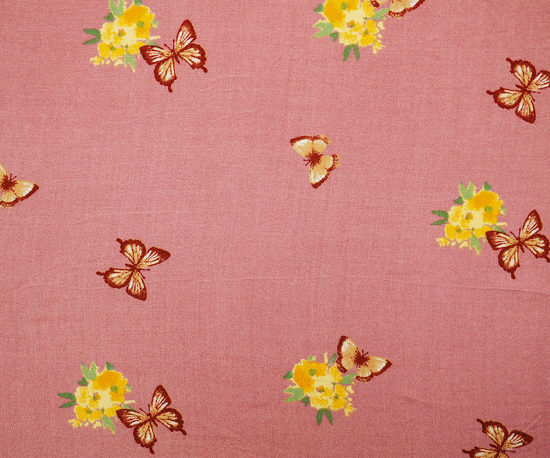 Pink-Yellow-Multi Rayon Floral Butterfly Printed Challis Woven Fabric - Image 3