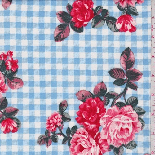 Powder Blue/White Floral Check Double Brushed Jersey Knit Fabric