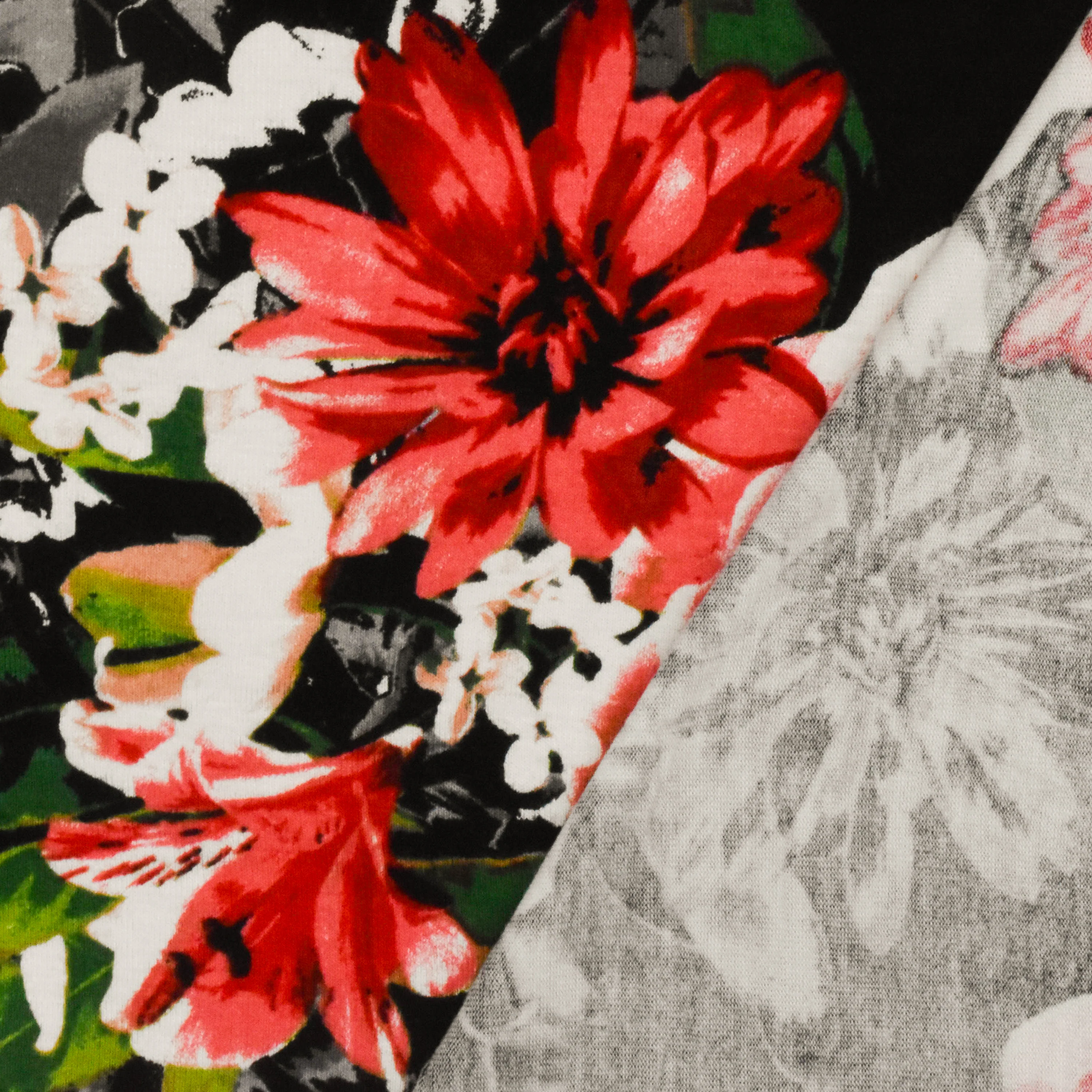 Pure Red-Black-Multi Floral Printed Stretch Rayon Jersey Knit Fabric - Image 4