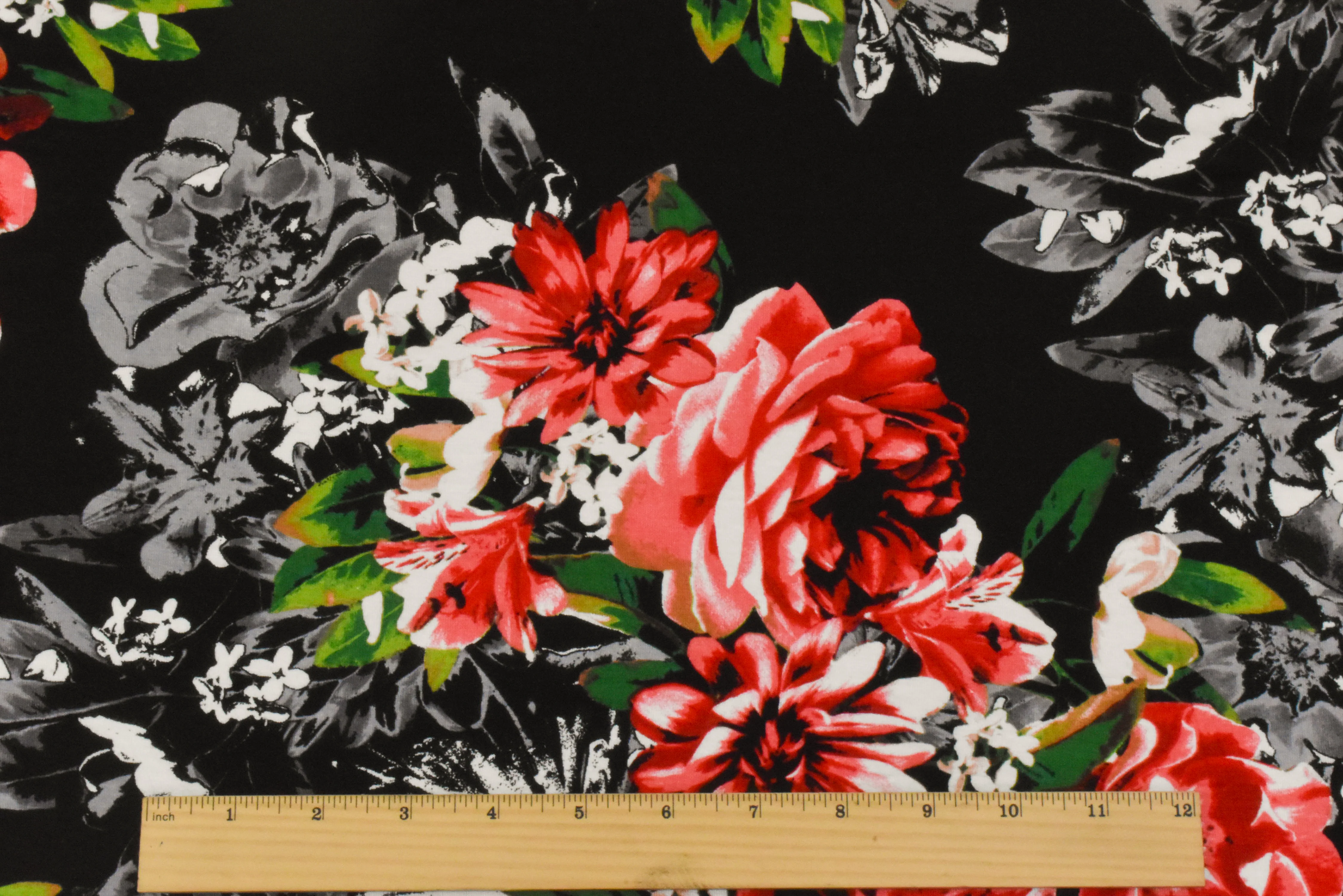 Pure Red-Black-Multi Floral Printed Stretch Rayon Jersey Knit Fabric - Image 5