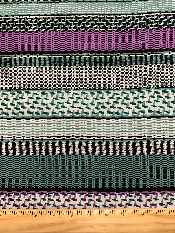 Purple and Aqua Multi Stripe Print Rayon Challis Fabric - Image 3