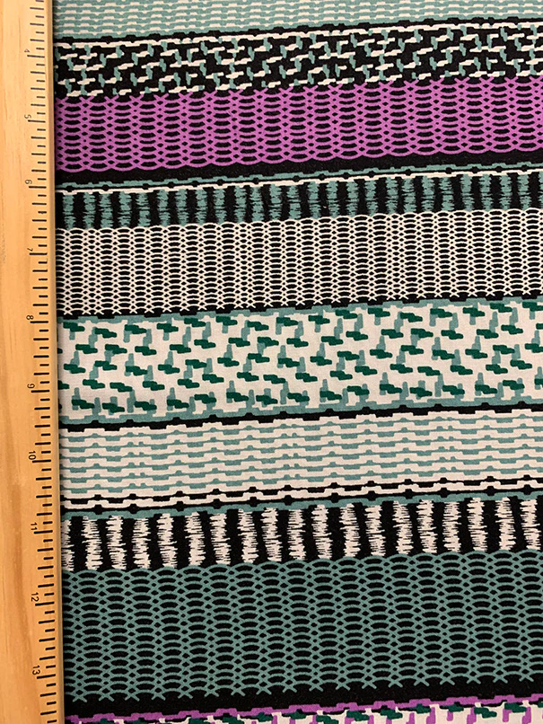 Purple and Aqua Multi Stripe Print Rayon Challis Fabric - Image 4