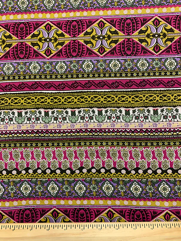 Purple and Magenta Multi Stripe Print Rayon Challis Fabric - Image 3