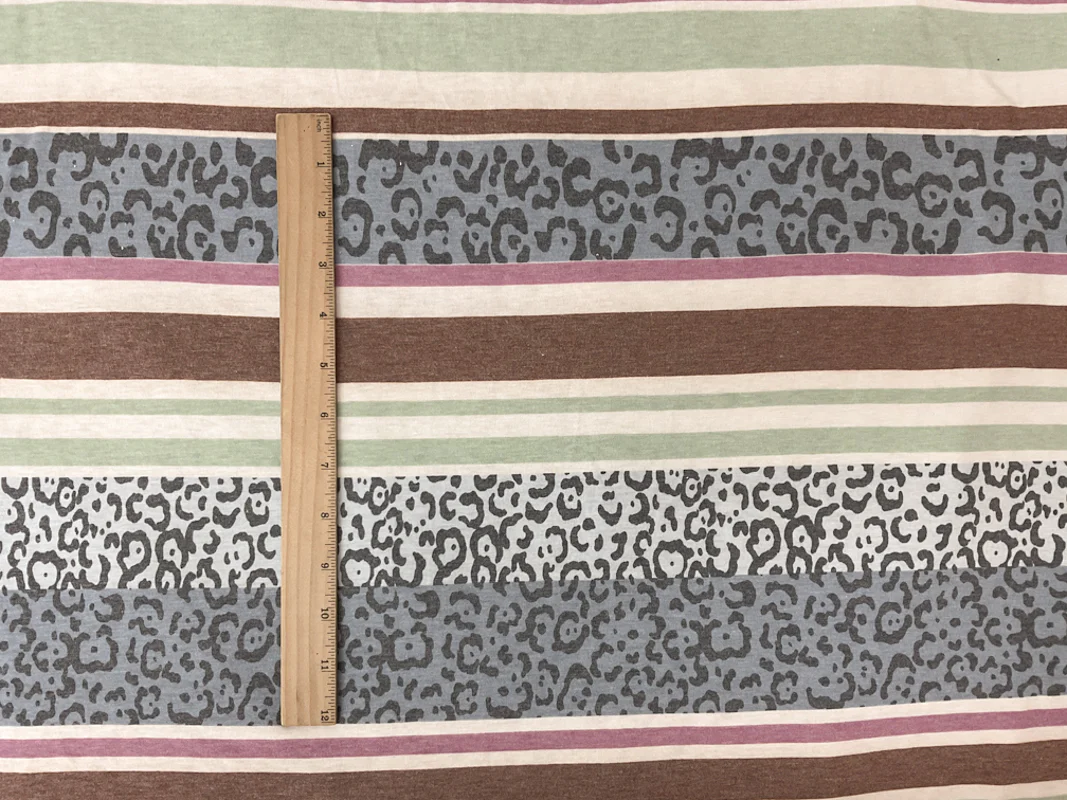 Purple-Beige-Multi Poly Stripe Leopard Printed Jersey Knit Fabric - Image 3