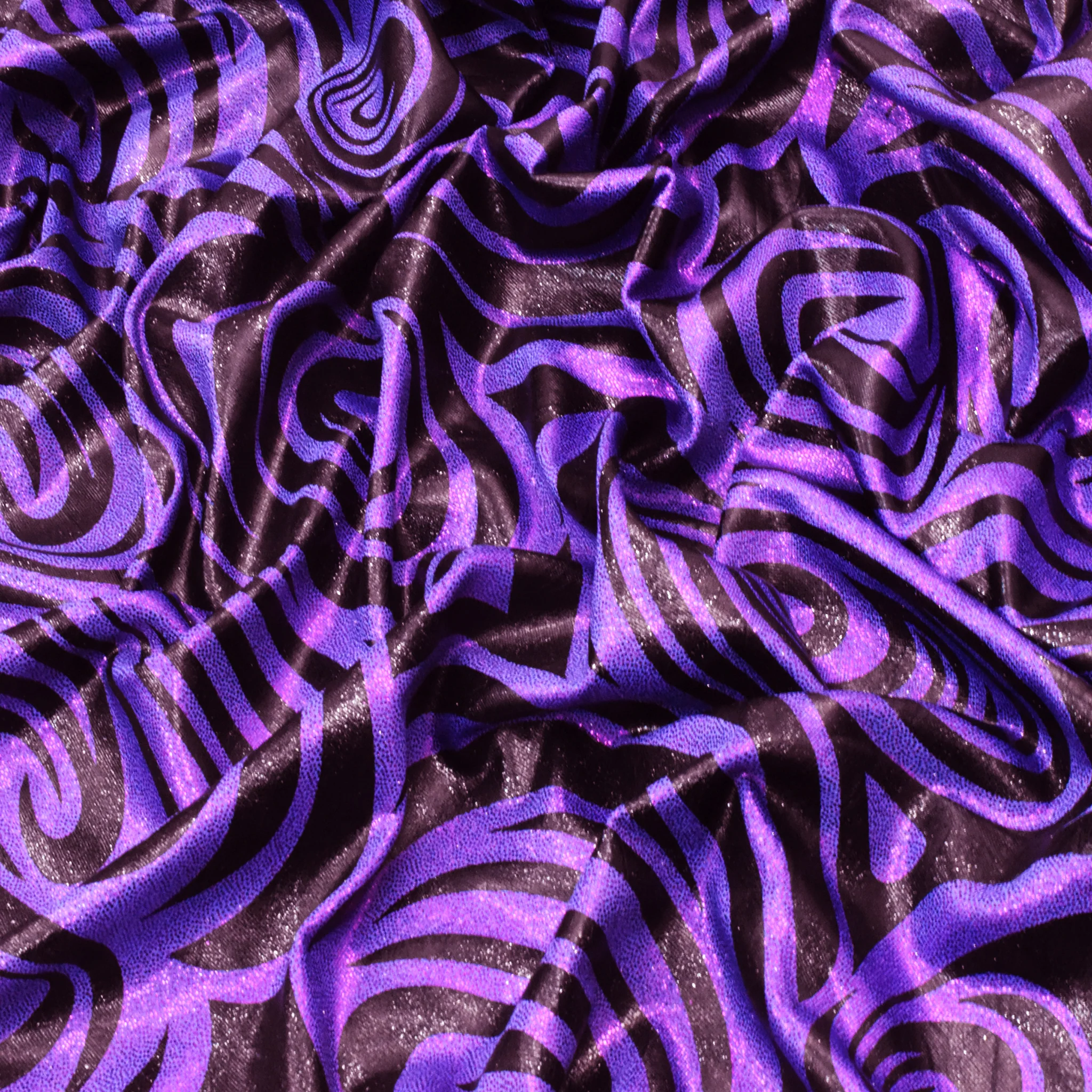 Purple-Black Swirl Hologram Print Stretch Activewear Fabric - Image 3