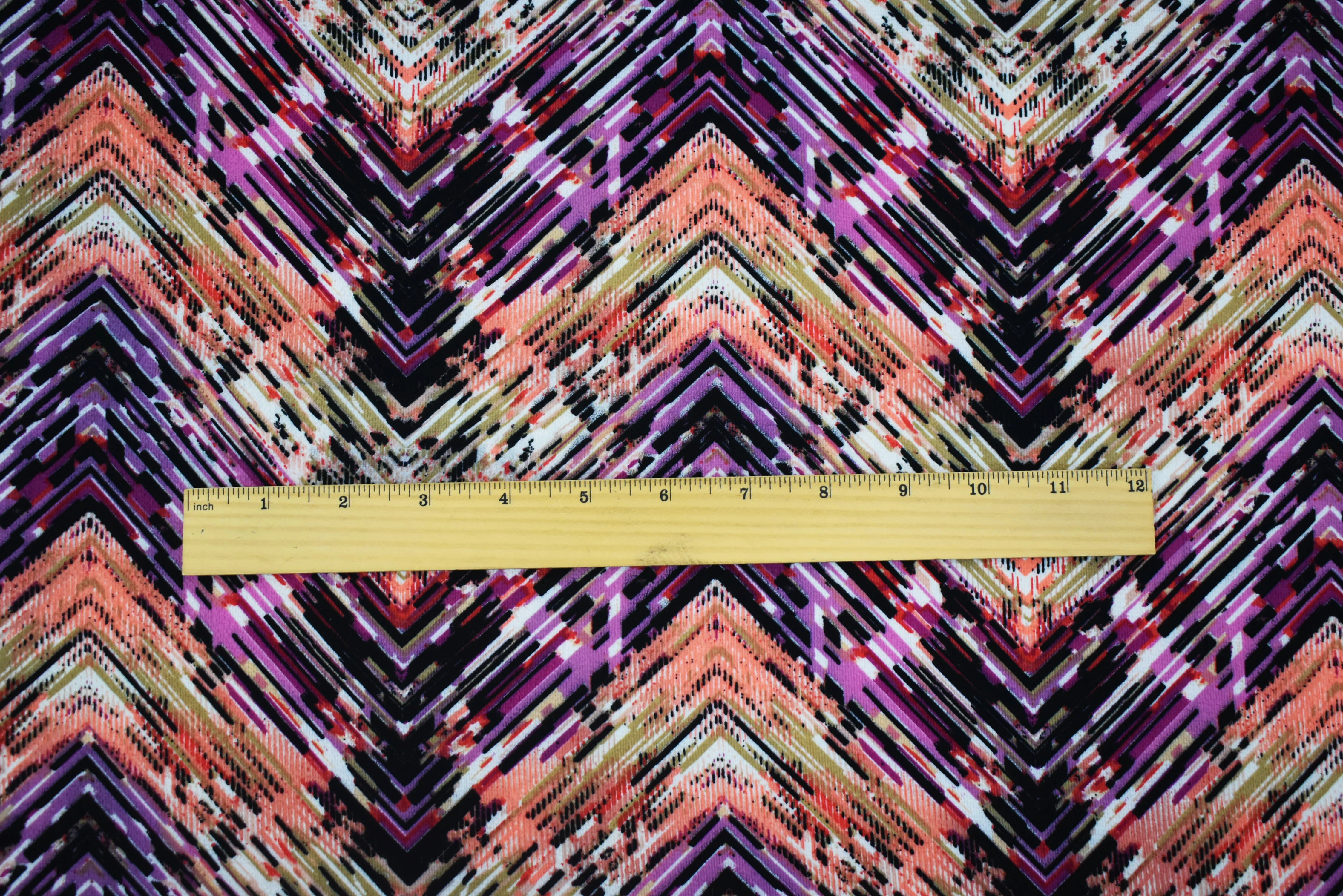 Purple-Coral-Multi Poly Abstract Tribal Chevron Printed Crepe Woven Fabric - Image 2