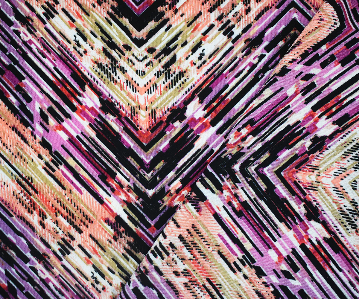 Purple-Coral-Multi Poly Abstract Tribal Chevron Printed Crepe Woven Fabric - Image 3