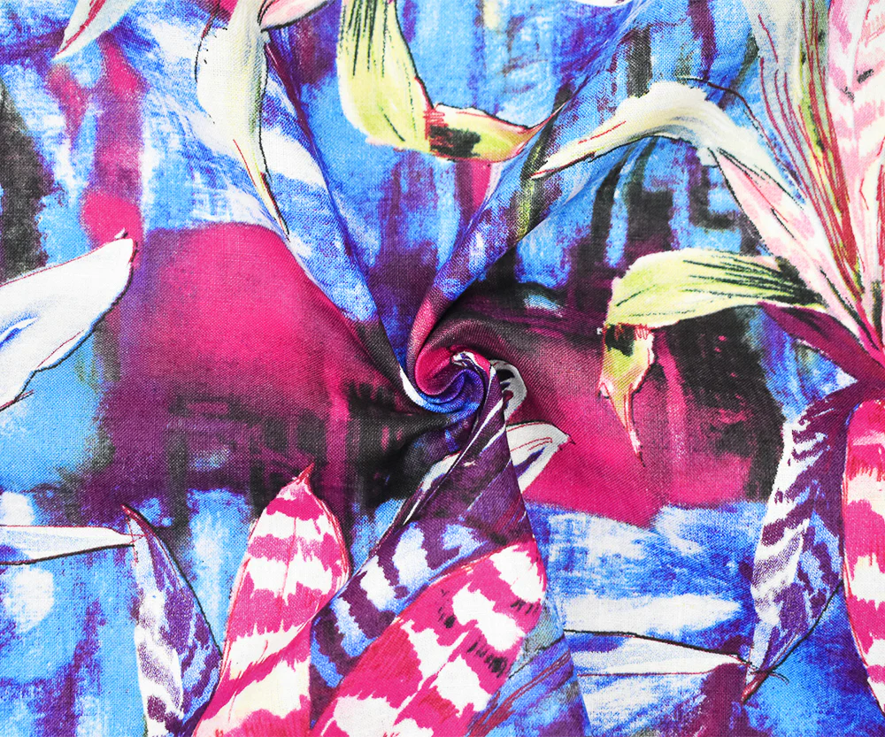 Purple-Fuchsia-Multi Tropical Leaf and Floral Art Print Linen Woven Fabric - Image 3