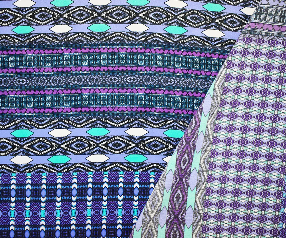 Purple-Inidigo-Multi Poly Aztec Border Printed Charmeuse Woven Fabric - Image 3