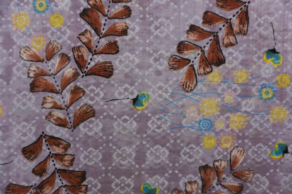 Purple-Multi Cotton Floral and Leaves Printed Voile Woven Fabric - Image 3