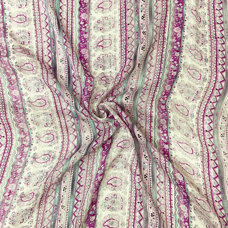 Purple-Multi Paisley Printed Satin Stripe Chiffon Woven Fabric
