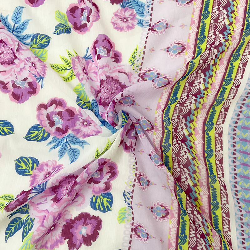 Purple-Multi Poly Floral Border Print Yoryu Chiffon Woven Fabric
