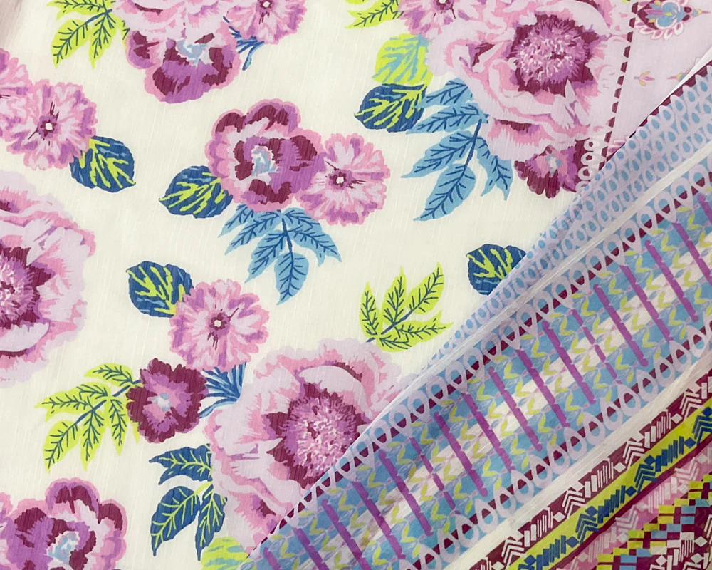 Purple-Multi Poly Floral Border Print Yoryu Chiffon Woven Fabric - Image 2