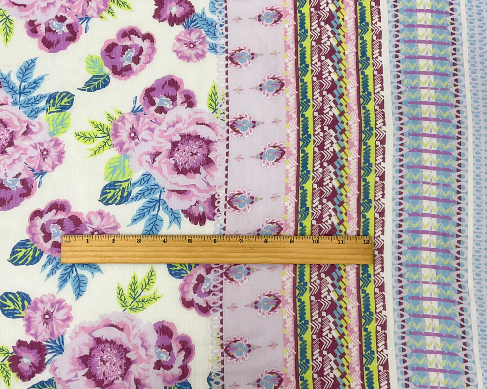 Purple-Multi Poly Floral Border Print Yoryu Chiffon Woven Fabric - Image 4