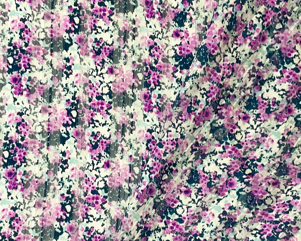 Purple-Multi Poly Floral Print Satin Stripe Chiffon Woven Fabric - Image 2