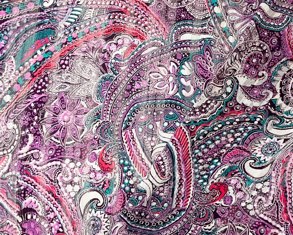 Purple-Multi Poly Paisley Print Satin Stripe Chiffon Woven Fabric - Image 2