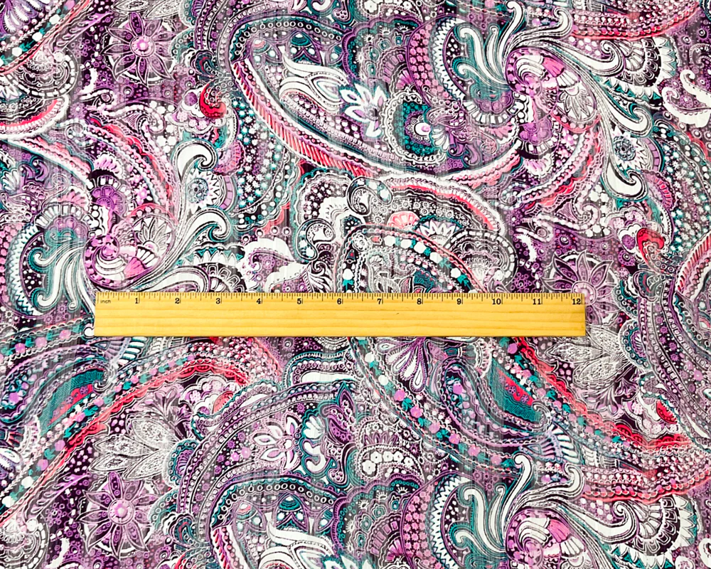 Purple-Multi Poly Paisley Print Satin Stripe Chiffon Woven Fabric - Image 4