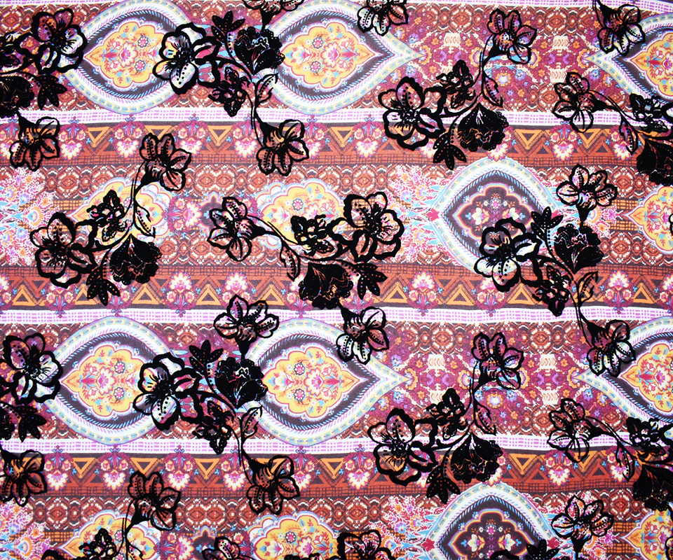 Purple-Multi Poly Patch Floral Velvet Flock Chiffon Woven Fabric - Image 3