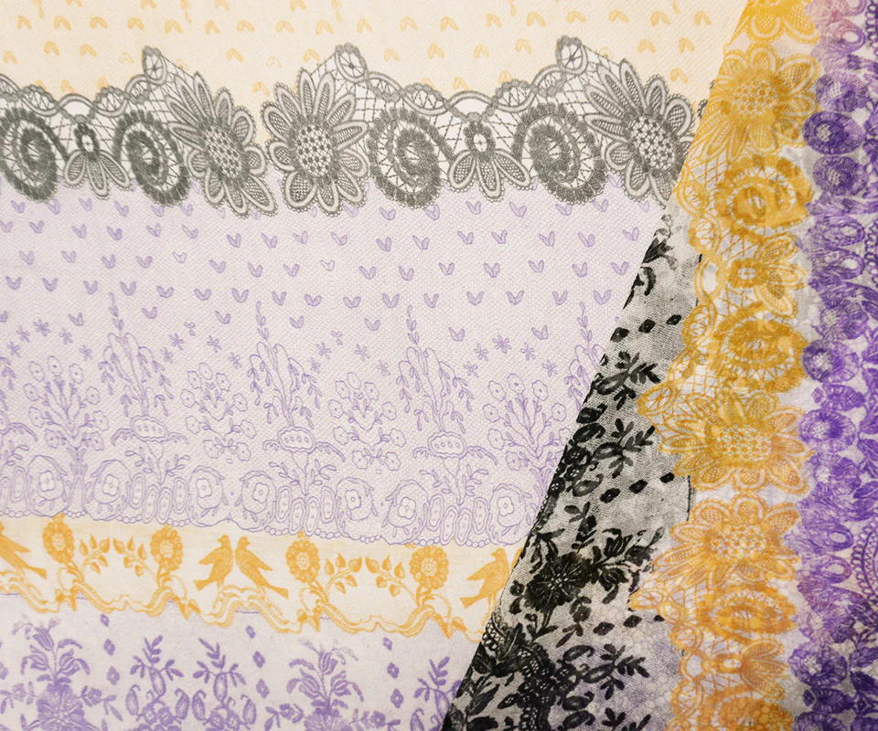Purple-Multi Silk Floral Lace-Like Printed Chiffon Woven Fabric - Image 3
