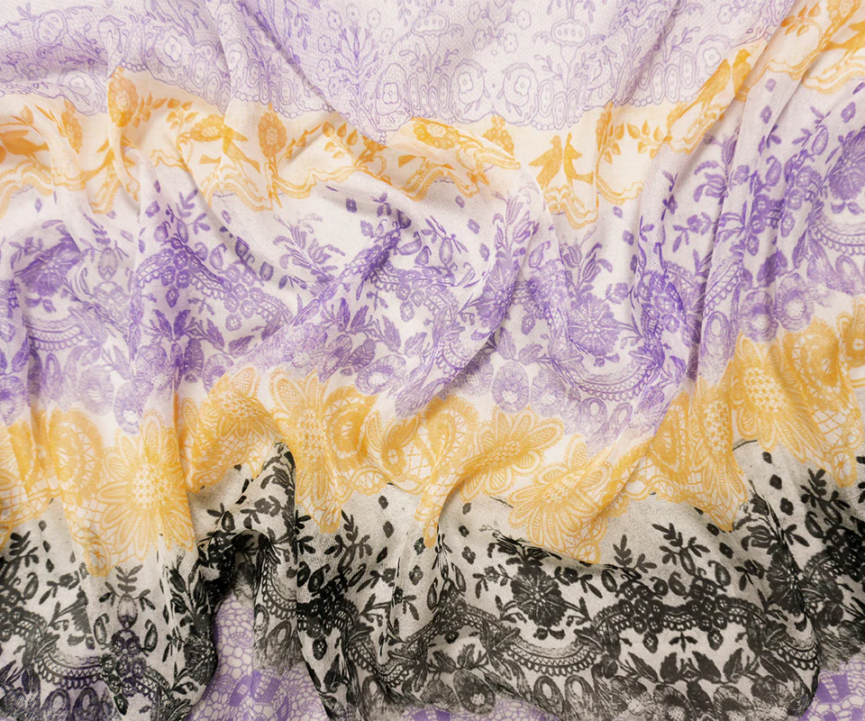 Purple-Multi Silk Floral Lace-Like Printed Chiffon Woven Fabric - Image 4