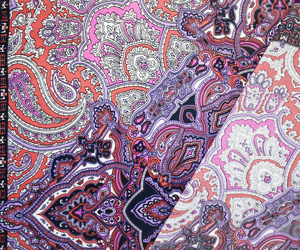 Purple-Orange-Multi Poly Paisley Bandana PANEL Printed Charmeuse Woven Fabric - Image 3