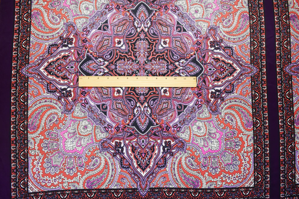 Purple-Orange-Multi Poly Paisley Bandana PANEL Printed Charmeuse Woven Fabric - Image 4
