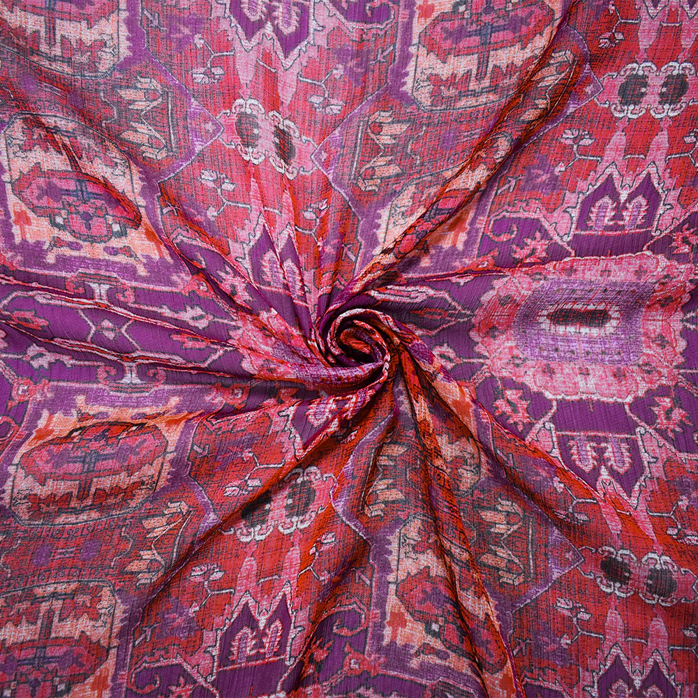 Purple-Red-Multi Poly Aztec Printed Crinkle Yoryu Chiffon Woven Fabric
