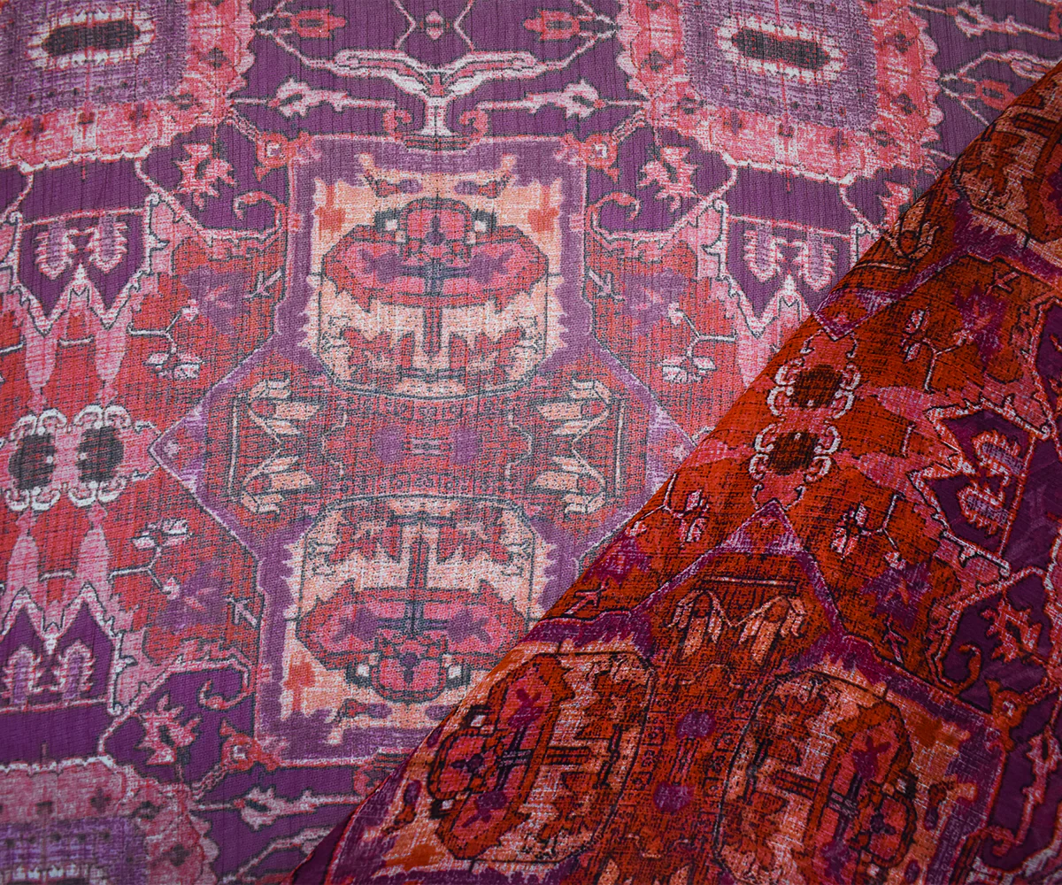 Purple-Red-Multi Poly Aztec Printed Crinkle Yoryu Chiffon Woven Fabric - Image 2