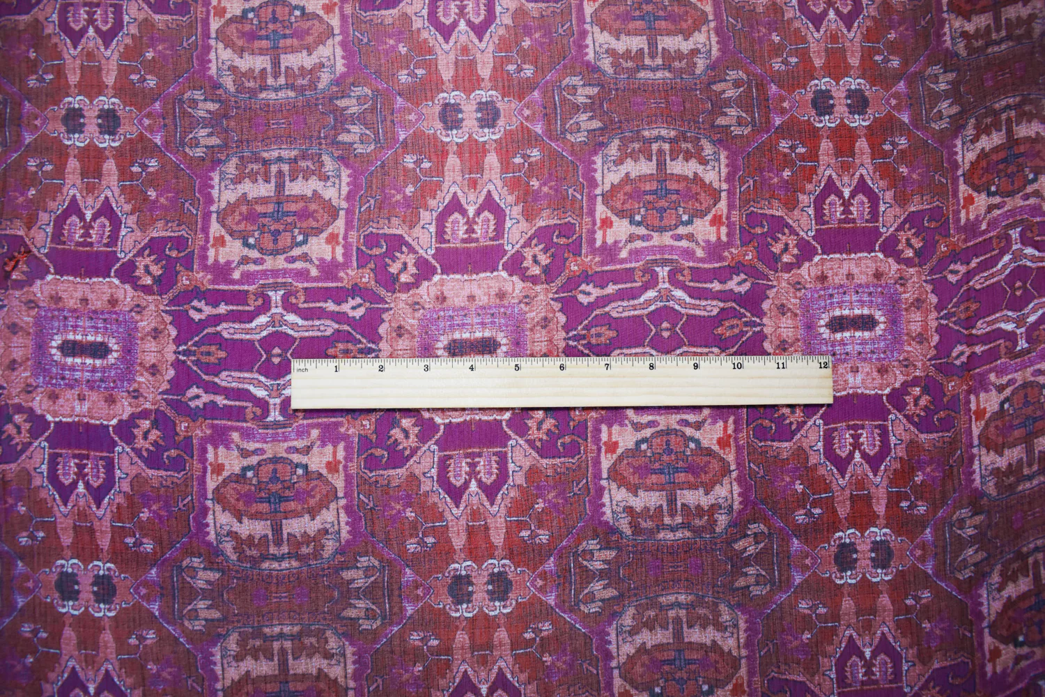 Purple-Red-Multi Poly Aztec Printed Crinkle Yoryu Chiffon Woven Fabric - Image 4