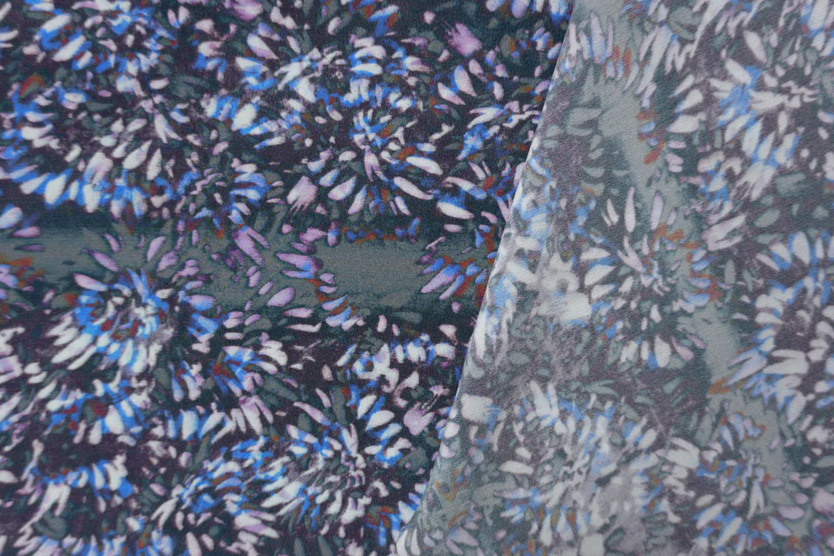 Purple Silk Abstract Floral Printed Matte Crepe De Chine Woven Fabric - Image 2
