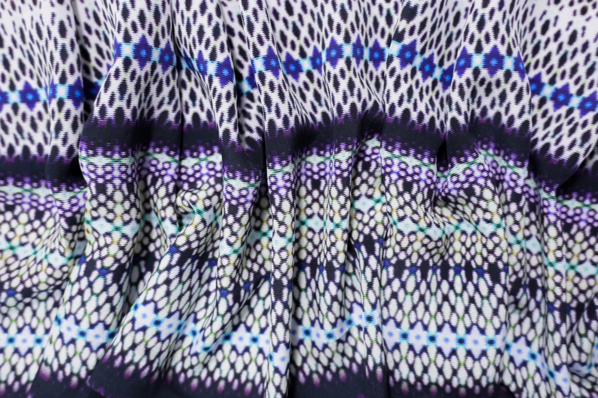 Purple Silk Abstract Stripe Printed Crepe De Chine Woven Fabric - Image 3