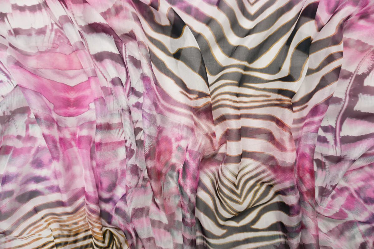 Purple Silk Abstract Zebra Printed Chiffon Woven Fabric - Image 3