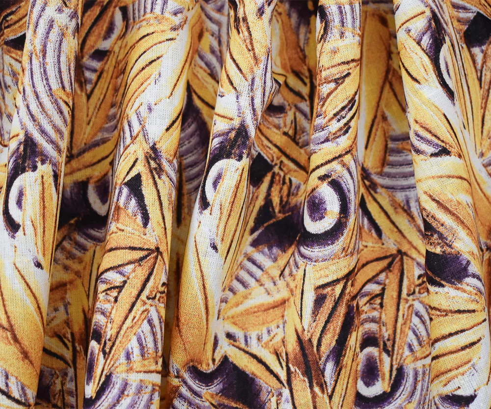 Purple-Yellow-Multi Abstract Whirl Leaf Pattern Printed Linen Woven Fabric - Image 2