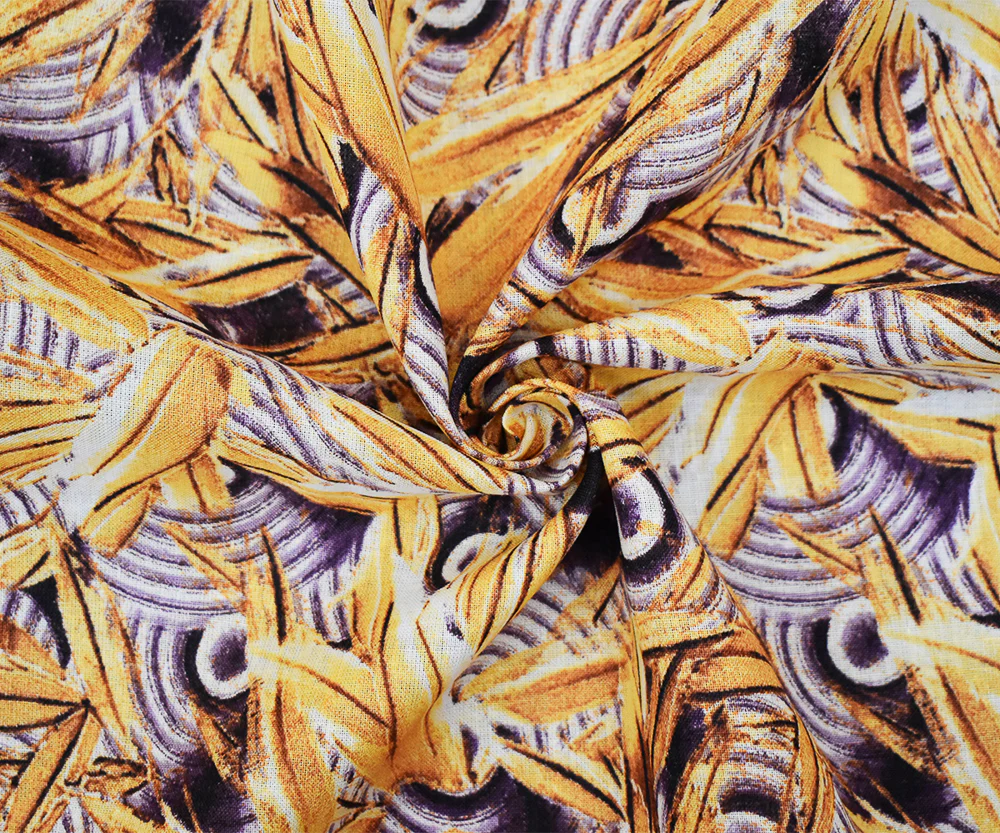 Purple-Yellow-Multi Abstract Whirl Leaf Pattern Printed Linen Woven Fabric - Image 3