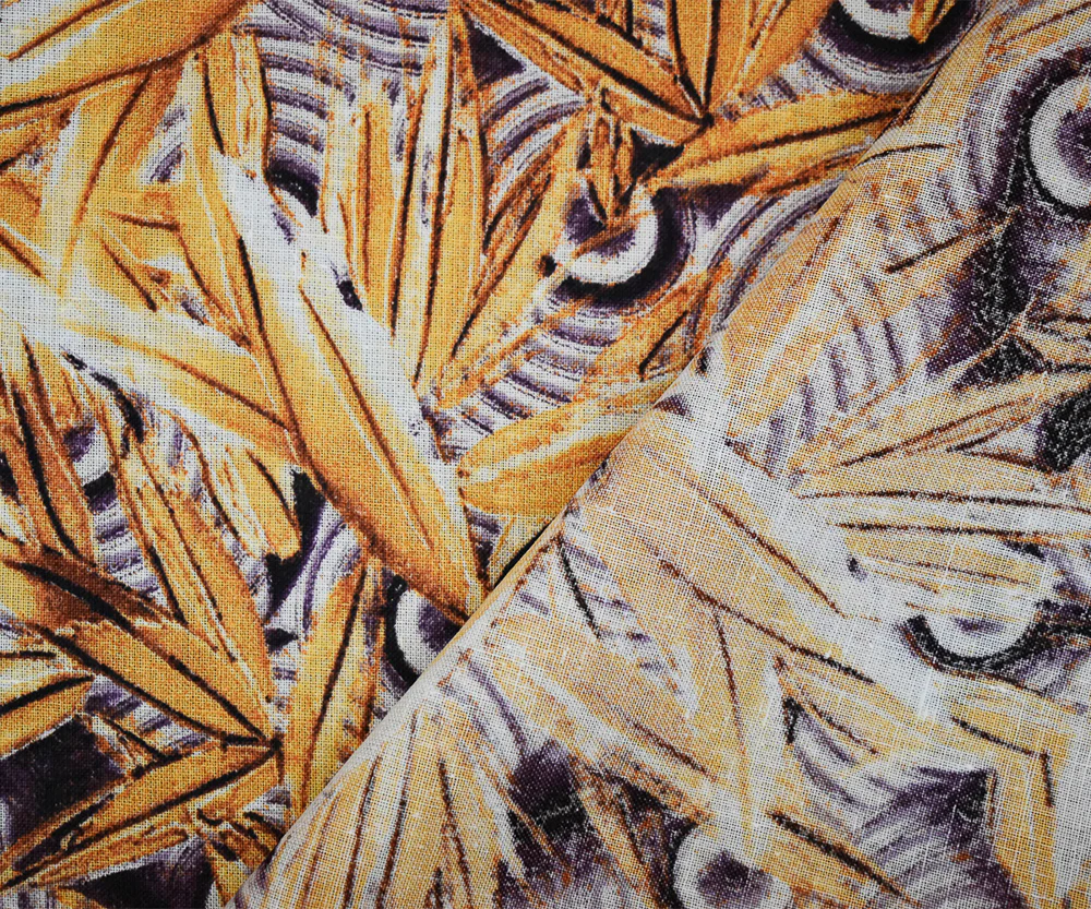 Purple-Yellow-Multi Abstract Whirl Leaf Pattern Printed Linen Woven Fabric - Image 4