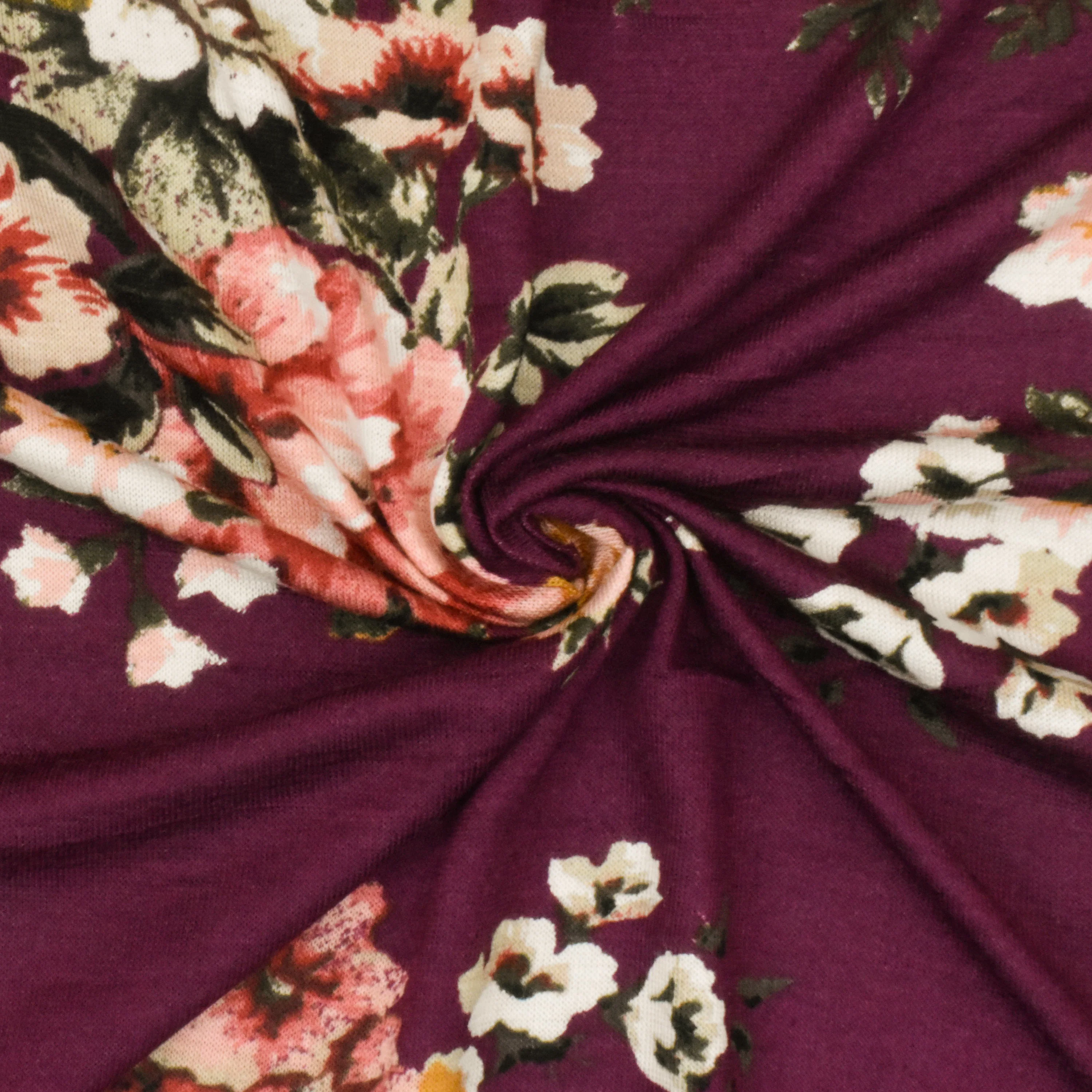 Raspberry Red-Pink-Multi Floral Printed Stretch Rayon Jersey Knit Fabric - Image 2