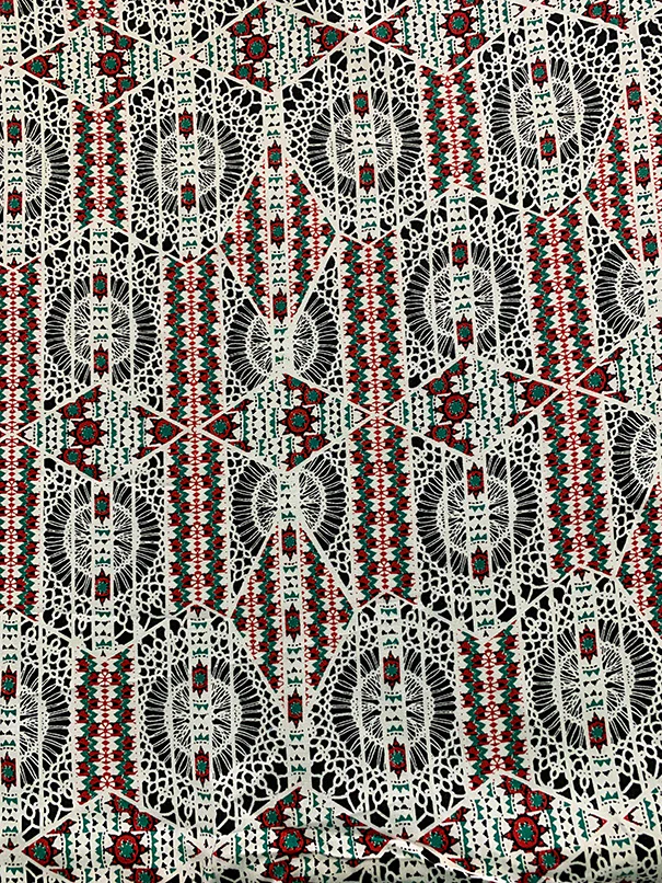 Red and Green Lace Look Print Rayon Challis Fabric - Image 2